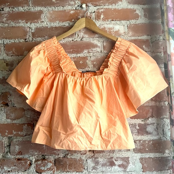 Zara Tops Zara Peach Ruffle Sleeve Cropped Cotton Summer Blouse